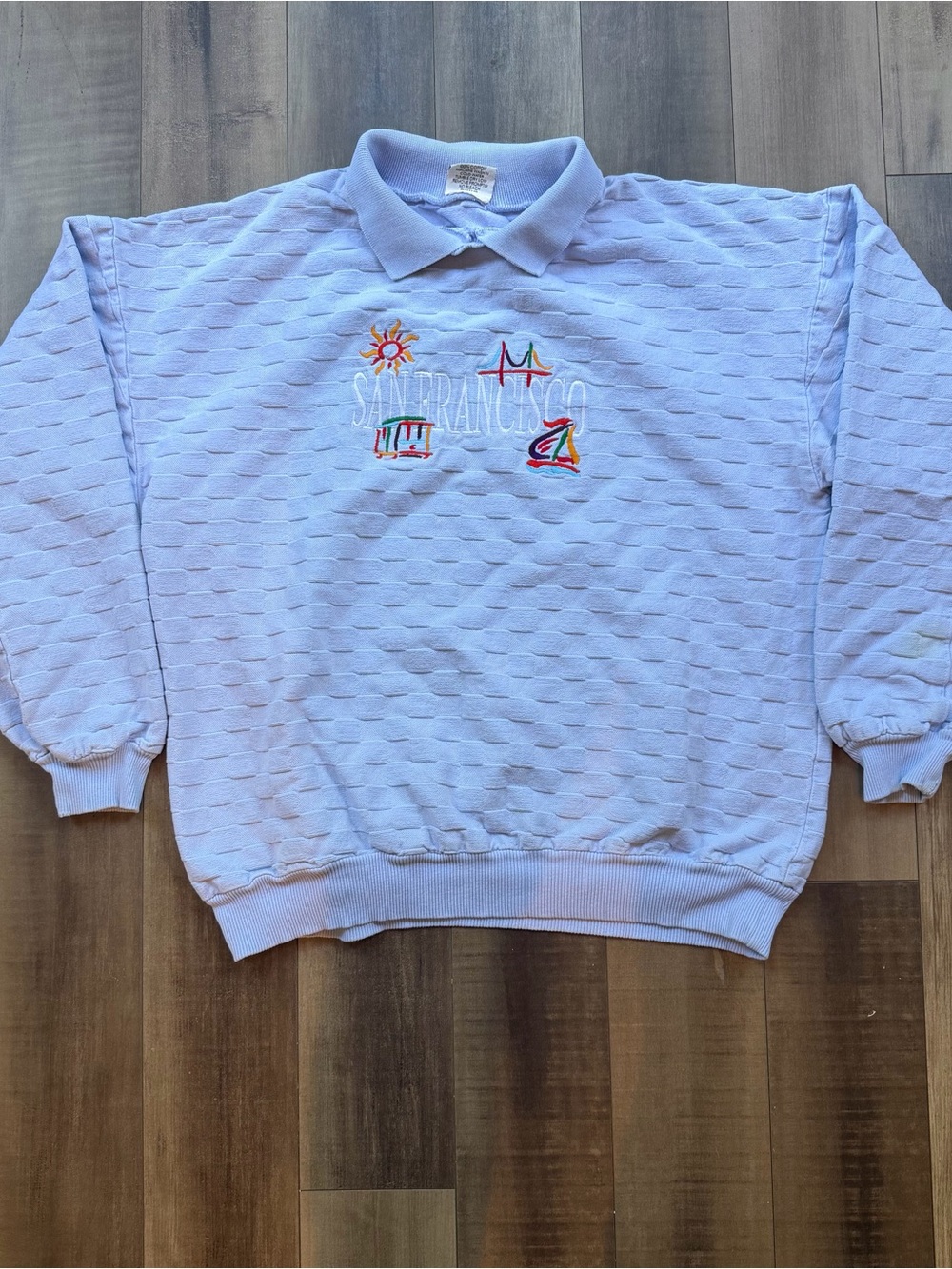 VTG Canton USA San Fransico Baby Blue Collared Pullover Sweater Size L USA Made